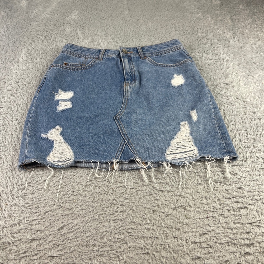 H&M Divided Blue Distressed Denim Mini Skirt Raw Hem Womens Size 4 Distressed